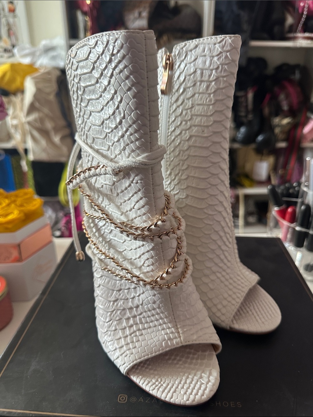 White Textured Peep-Toe Heeled Boots with Gold Chain Accent